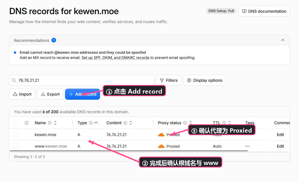 Cloudflare DNS：箭头标出 Add record、两条域名记录和 Proxied。