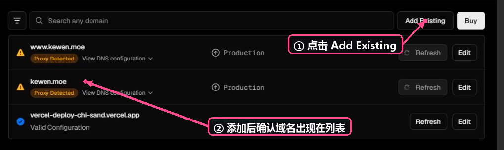 Vercel Domains：箭头标出 Add Existing 与域名列表。
